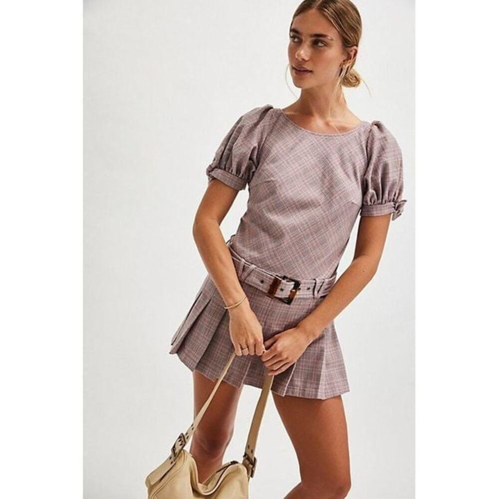 Free People Sevi Plaid Mini Dress Puff Sleeve Grey and Pink Combo Size L NWOT - Picture 4 of 12